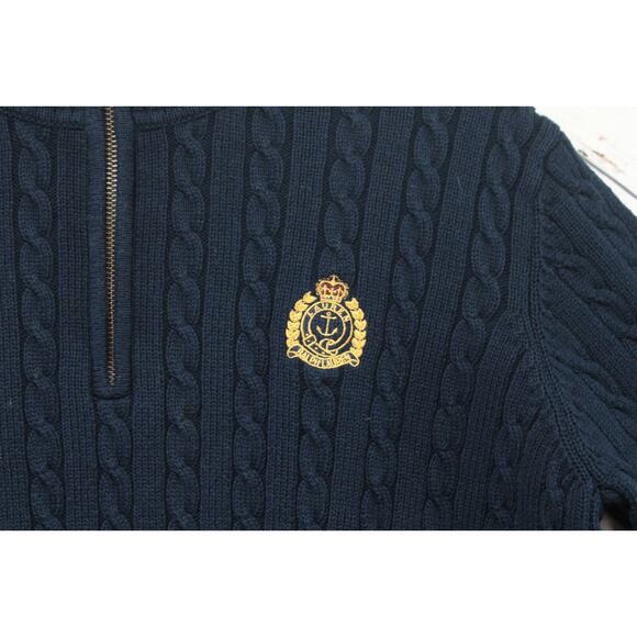 VTG Lauren Ralph Lauren Sweater Women's Large Blue Crest Logo 1/4 Zip Cable Knit - Picture 4 of 12